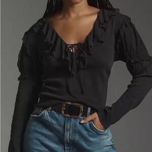 By Anthropologie Long sleeve ruffle ribbed stretchy blouse top